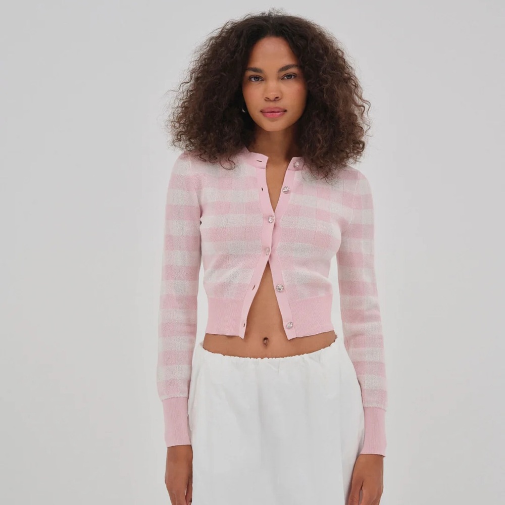 For Love And Lemons Cropped Pink and White Gingham Cardigan NWT